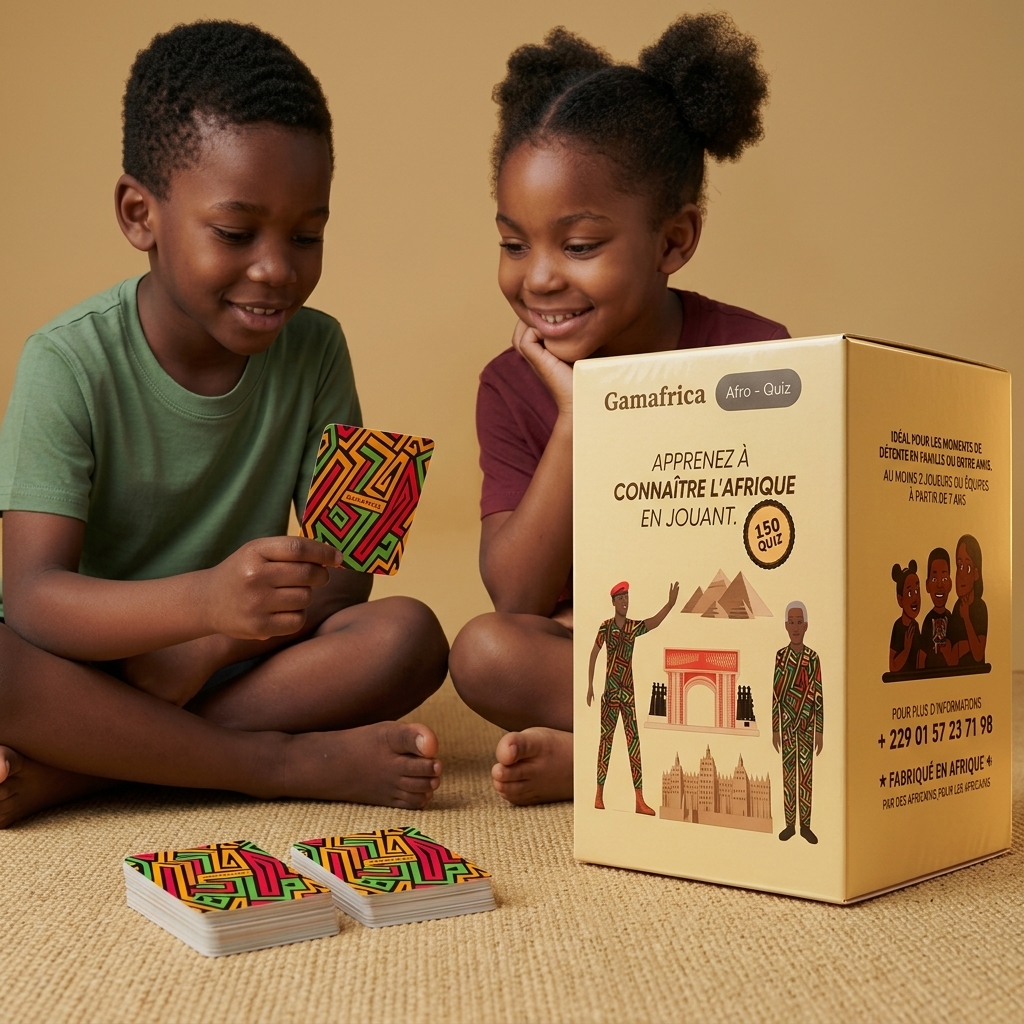Enfants et adultes jouant ensemble au jeu éducatif Gamafrica Afrique