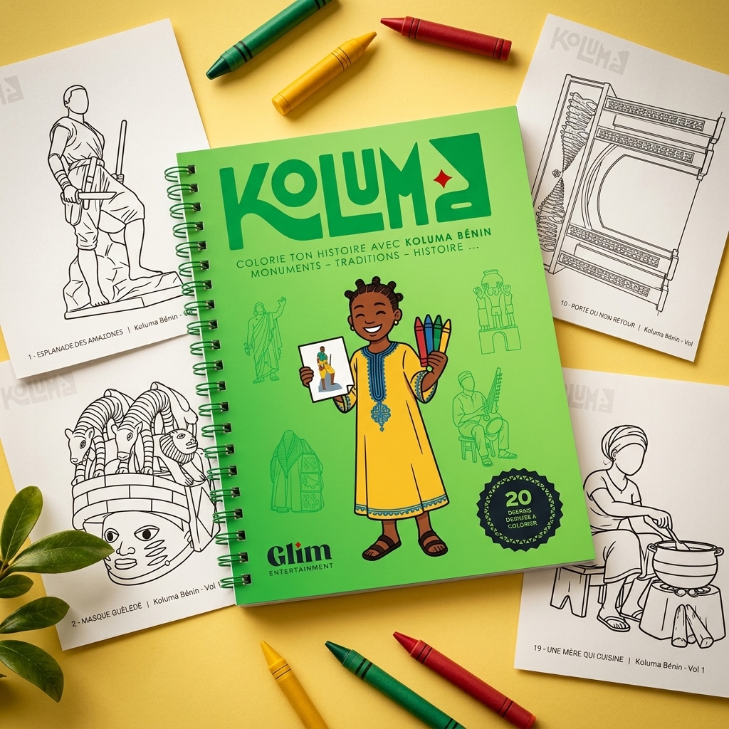 Pages de Koluma Bénin présentant des illustrations culturelles à colorier